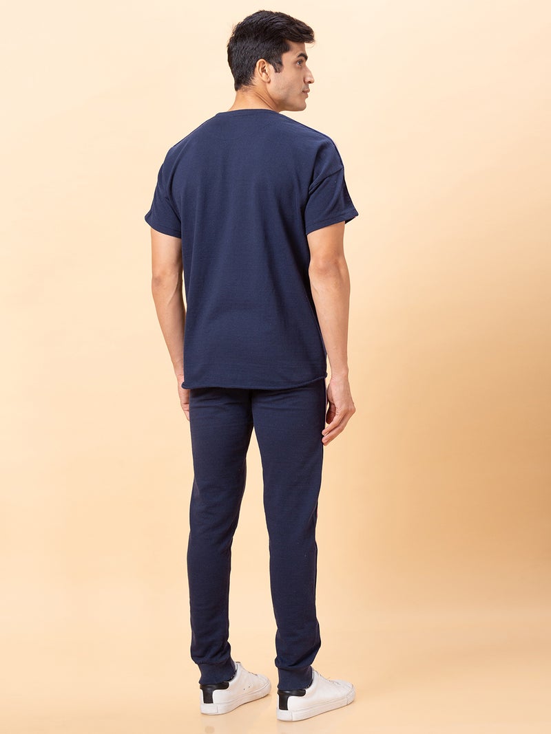 Globus Men Navy Solid Cotton Sports Co-Ords Set with T-shirt and Jogger - Image 3